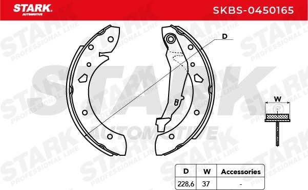 SKBS-0450165 Brake Shoes SKBS-0450165 STARK Rear Axle, Ø: 228,6 x 37 mm, with lever