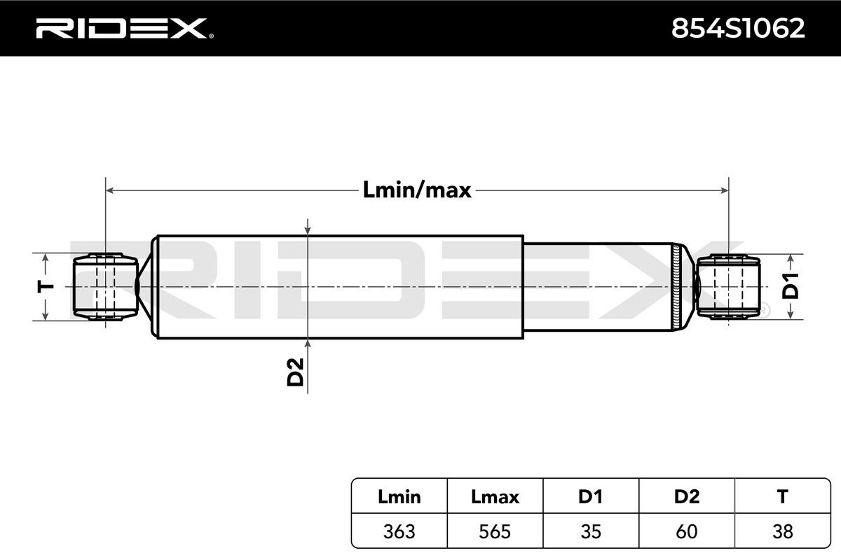 RIDEX 854S1062 Shock absorber Rear Axle, Gas Pressure, 565x363 mm, Absorber does not carry a spring, Damper without Rebound Spring, Top eye, Bottom eye