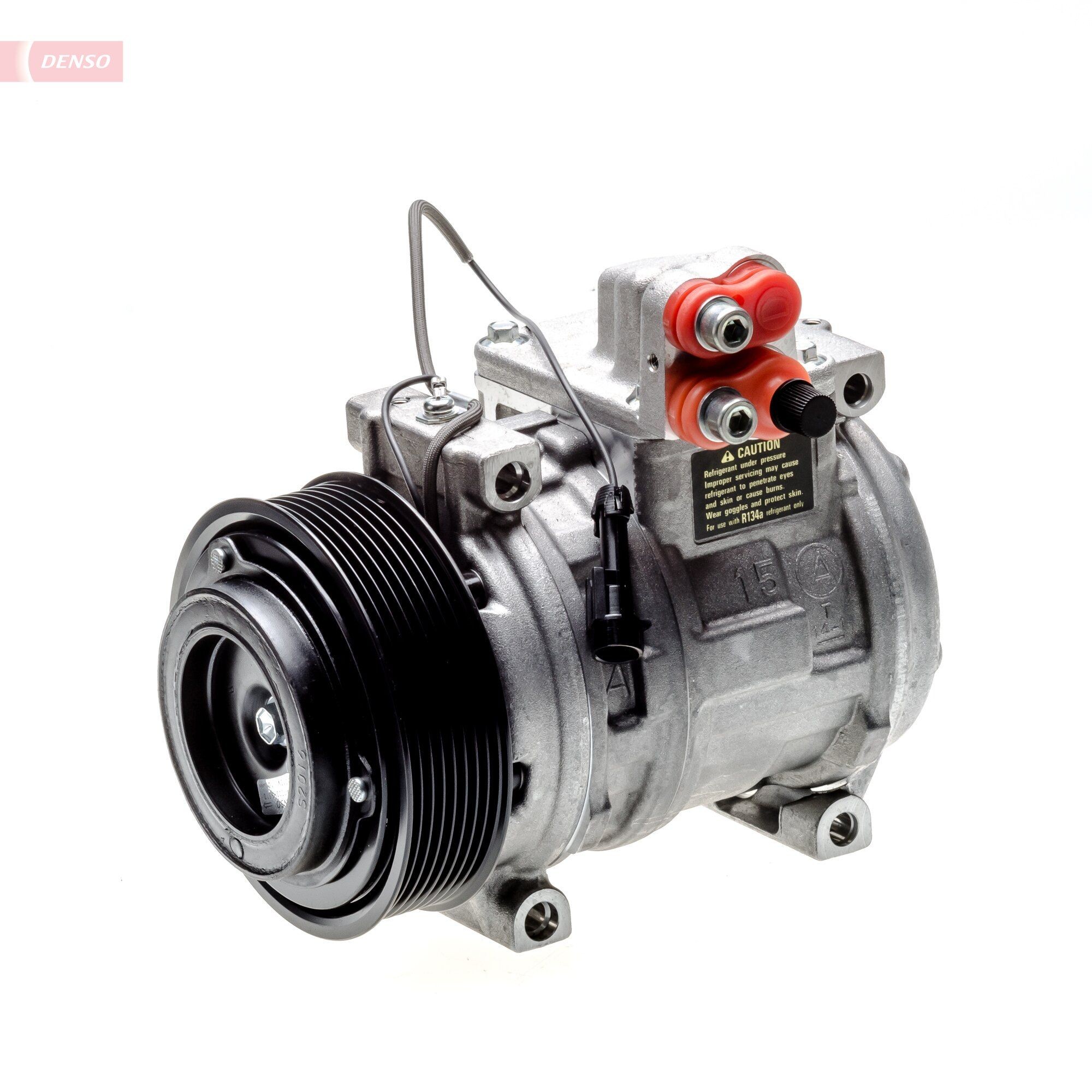 DENSO 10PA15C, 12V, PAG 46, R 134a, with magnetic clutch Belt Pulley Ø: 120mm, Number of grooves: 8 AC compressor DCP99505 buy
