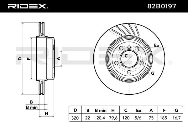 82B0197 Brake discs 82B0197 RIDEX Rear Axle, 320,0x22,0mm, 5x120,0, Vented, Uncoated