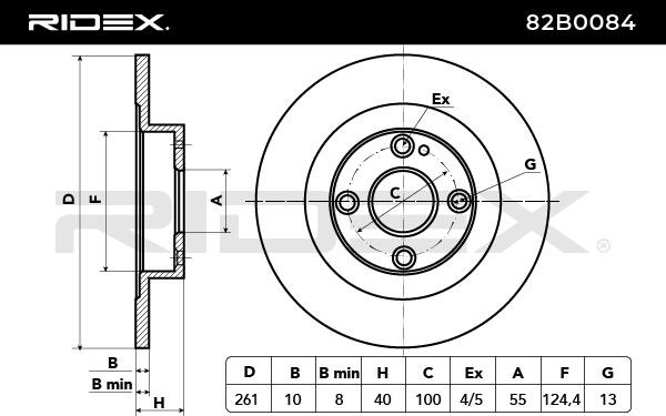82B0084 Brake discs 82B0084 RIDEX Rear Axle, 261x10mm, 04/05x100, solid, Uncoated