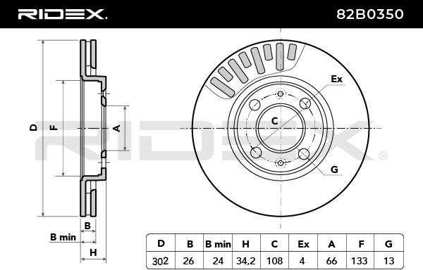 82B0350 Brake discs 82B0350 RIDEX Front Axle, 302x26,0mm, 4/6x108,0, internally vented