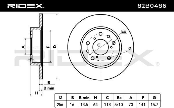 Remschijf 82B0486 RIDEX Vooras, 256,0x16mm, 5/10x118, volledig, Zonder wielnaaf, Zonder wielbevestigingsbout