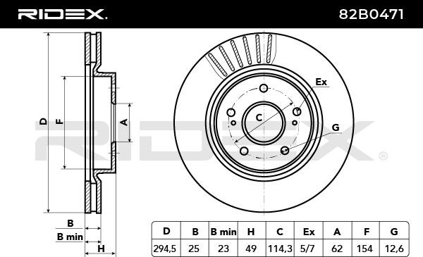 82B0471 Brake discs 82B0471 RIDEX Front Axle, 295, 5/7x114,3, internally vented