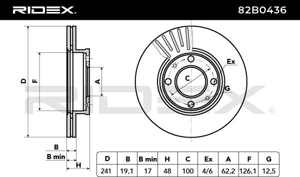 82B0436 Brake discs 82B0436 RIDEX Front Axle, 241x19mm, 04/06x100, internally vented