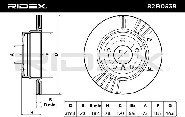 82B0539 Brake discs 82B0539 RIDEX Rear Axle, 320,0x20mm, 05/06x120, internally vented, Uncoated