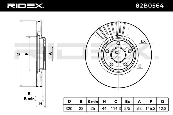 82B0564 Brake discs 82B0564 RIDEX 320,0x28mm, 05/05x114,3, internally vented, Uncoated