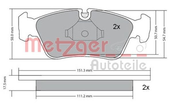 1170019 Set of brake pads 23287 METZGER Front Axle, excl. wear warning contact, with anti-squeak plate