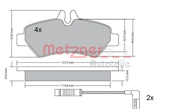 Pasticche 1170037 METZGER Assale posteriore, Con contatto segnalazione usura, con bulloni pinza freno, con lamierino anticigolío