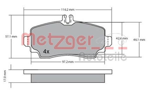 METZGER 1170041 Brake pad set Front Axle, excl. wear warning contact, with brake caliper screws, with anti-squeak plate