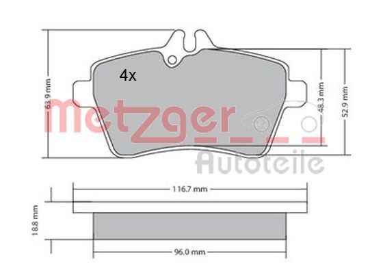 METZGER 1170053 Brake pad set Front Axle, excl. wear warning contact, with brake caliper screws, with anti-squeak plate