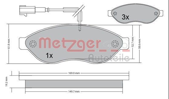 METZGER 1170073 Brake pad set Front Axle, with integrated wear sensor, with brake caliper screws, with anti-squeak plate, with accessories