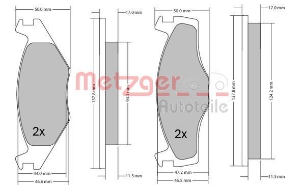 20887 METZGER Front Axle, excl. wear warning contact, with accessories Height 1: 49mm, Height 2: 51mm, Width: 137,7mm, Thickness: 17mm Brake pads 1170103 buy