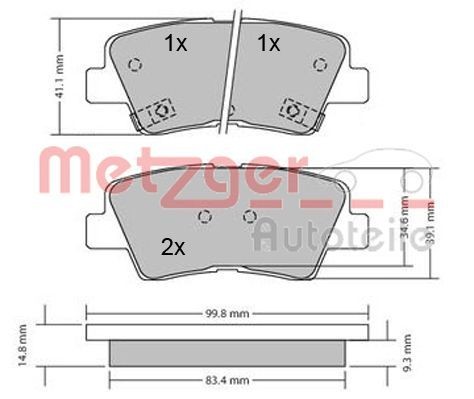 1170134 METZGER Brake pad set HYUNDAI Rear Axle, with acoustic wear warning, with anti-squeak plate