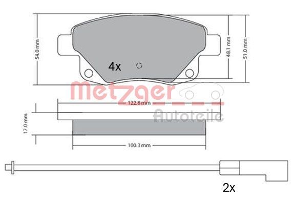 METZGER 1170138 Brake pad set Rear Axle, incl. wear warning contact, with brake caliper screws, with anti-squeak plate