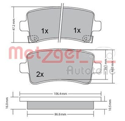METZGER 1170152 Brake pad set Rear Axle, with acoustic wear warning, with anti-squeak plate