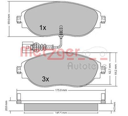 METZGER 1170173 Brake pad set Front Axle, with integrated wear sensor, with anti-squeak plate