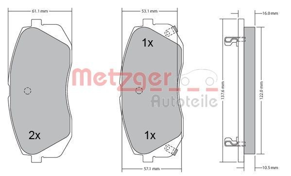 METZGER 1170186 Brake pad set Front Axle, with acoustic wear warning, with anti-squeak plate
