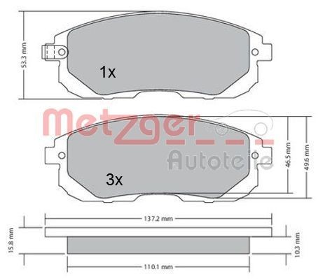 21561 METZGER Front Axle, with acoustic wear warning, with anti-squeak plate Height: 53mm, Width: 137mm, Thickness: 17,3mm Brake pads 1170208 buy