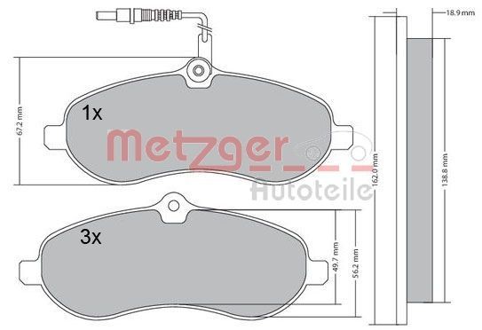 24608 METZGER Vorderachse, mit integriertem Verschleißsensor, mit Anti-Quietsch-Blech, mit Bremssattelschrauben Höhe: 67,5mm, Breite: 161,9mm, Dicke/Stärke: 18mm Bremsbelagsatz 1170228 günstig kaufen