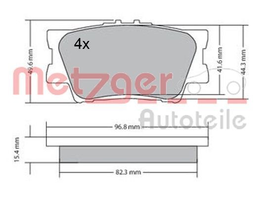 24338 METZGER Rear Axle, excl. wear warning contact, with anti-squeak plate Height: 49mm, Width: 96,7mm, Thickness: 15,5mm Brake pads 1170313 buy