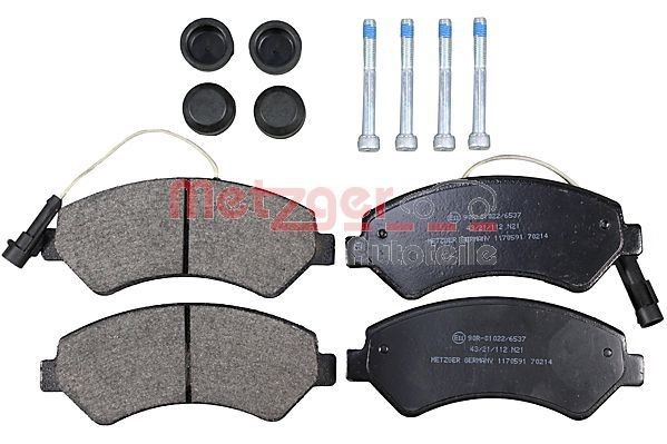 METZGER 1170591 Brake pad set Front Axle, with integrated wear sensor, with brake caliper screws, with anti-squeak plate, with accessories