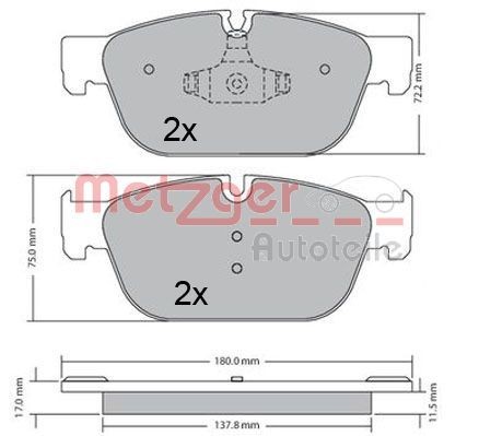 25069 METZGER Front Axle, incl. wear warning contact, with anti-squeak plate Height: 74,9mm, Width: 179,9mm, Thickness: 17mm Brake pads 1170619 buy