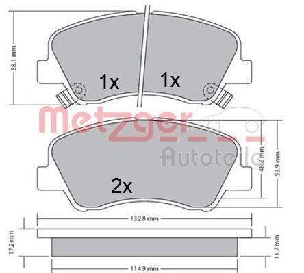 25348 METZGER Front Axle, with acoustic wear warning, with anti-squeak plate Height: 58,1mm, Width: 132,8mm, Thickness: 18mm Brake pads 1170620 buy