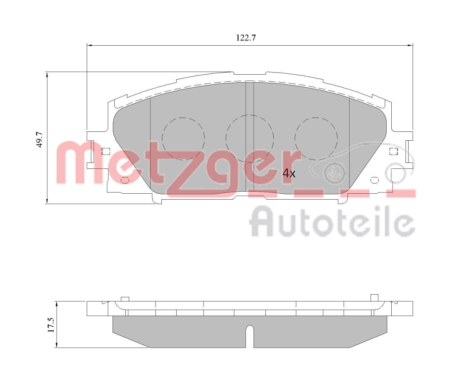 24347 METZGER Front Axle, with anti-squeak plate Height: 49,8mm, Width: 122,7mm, Thickness: 18,2mm Brake pads 1170772 buy