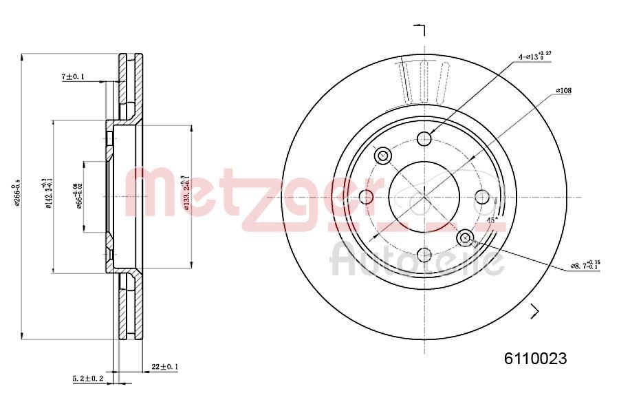 METZGER Front Axle, 266x22mm, 4x108, internally vented, Painted, Cross-hatch Ø: 266mm, Num. of holes: 4, Brake Disc Thickness: 22mm Brake rotor 6110023 buy