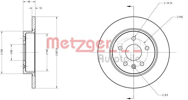 METZGER 6110130 Brake disc Rear Axle, 268x12mm, 5x105, solid, Painted, Cross-hatch