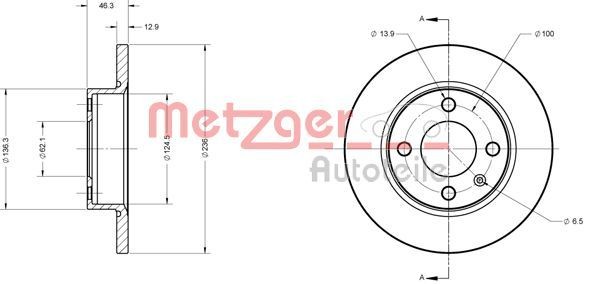 METZGER Front Axle, 236x12,9mm, 4x100, solid, Painted, Cross-hatch Ø: 236mm, Num. of holes: 4, Brake Disc Thickness: 12,9mm Brake rotor 6110309 buy