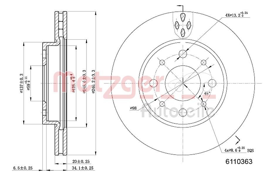 METZGER Front Axle, 240x20mm, 4x98, internally vented, Painted, Cross-hatch Ø: 240mm, Num. of holes: 4, Brake Disc Thickness: 20mm Brake rotor 6110363 buy