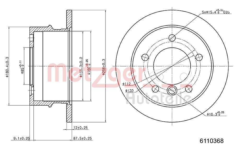 METZGER 6110368 Brake disc Rear Axle, 258x12mm, 5x130, solid, Painted, Cross-hatch