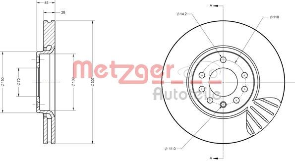 METZGER Front Axle, 302x28mm, 5x110, internally vented, Painted, Cross-hatch, High-carbon Ø: 302mm, Num. of holes: 5, Brake Disc Thickness: 28mm Brake rotor 6110404 buy