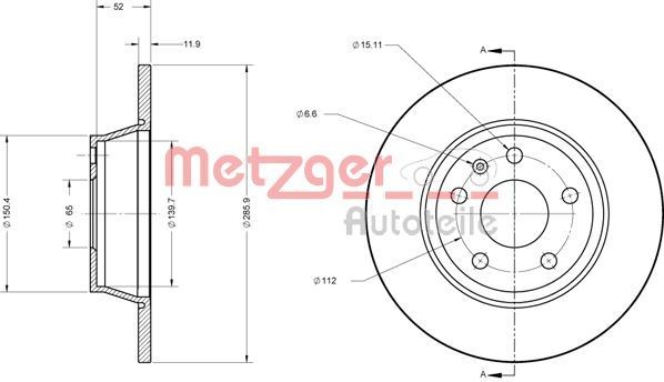 METZGER 6110574 Brake disc Rear Axle, 286x11,9mm, 5x112, solid, Painted, Cross-hatch