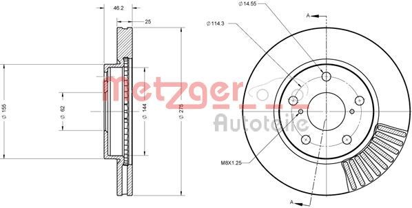 METZGER Front Axle, 275x25mm, 5x114,3, internally vented, Painted, Cross-hatch Ø: 275mm, Num. of holes: 5, Brake Disc Thickness: 25mm Brake rotor 6110611 buy