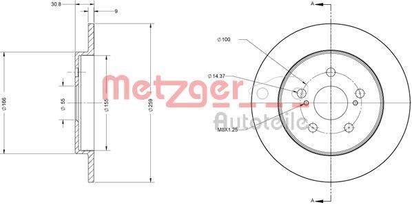 METZGER Rear Axle, 259x9mm, 5x100, solid, Painted, Cross-hatch Ø: 259mm, Num. of holes: 5, Brake Disc Thickness: 9mm Brake rotor 6110617 buy
