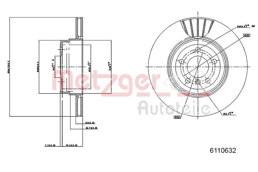 METZGER Rear Axle, 345x24mm, 5x120, internally vented, Painted, Cross-hatch, High-carbon Ø: 345mm, Num. of holes: 5, Brake Disc Thickness: 24mm Brake rotor 6110632 buy