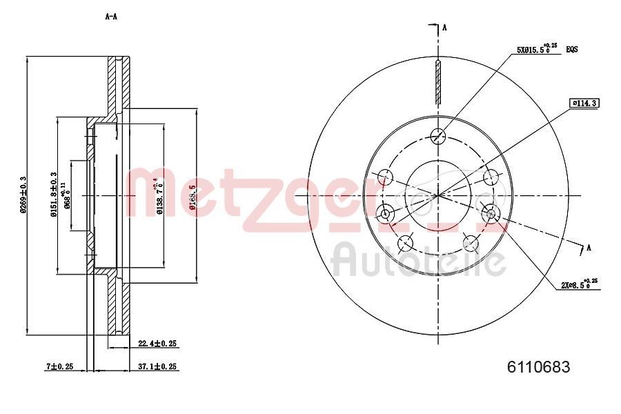 METZGER Front Axle, 269x22,5mm, 5x114,3, internally vented, Painted, Cross-hatch Ø: 269mm, Num. of holes: 5, Brake Disc Thickness: 22,5mm Brake rotor 6110683 buy