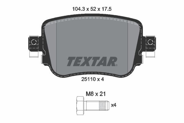 25110 TEXTAR not prepared for wear indicator, with brake caliper screws Height: 52mm, Width: 104,2mm, Thickness: 17,5mm Brake pads 2511001 buy