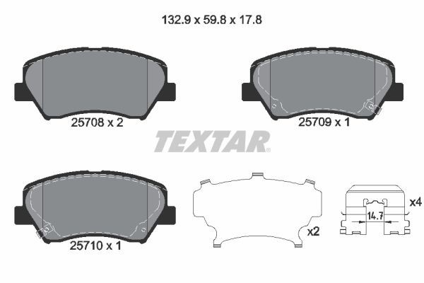 25708 TEXTAR with acoustic wear warning, with accessories Height: 59,8mm, Width: 132,9mm, Thickness: 17,8mm Brake pads 2570801 buy