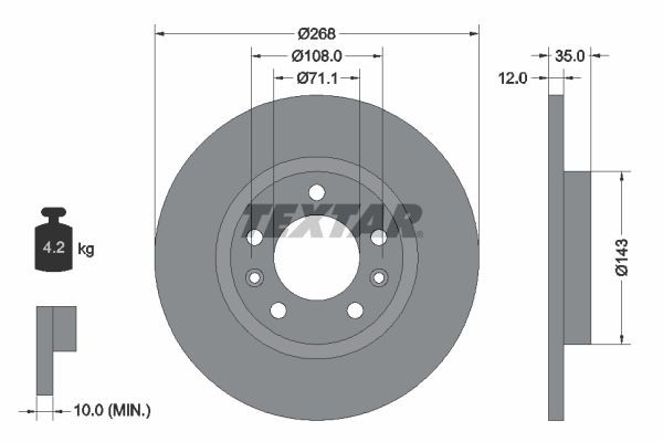 TEXTAR PRO 92268003 Brake disc 268x12mm, 05/07x108, solid, Coated