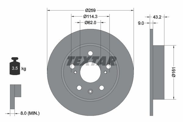TEXTAR PRO 92268403 Brake disc 259x9mm, 05/08x114,3, solid, Coated
