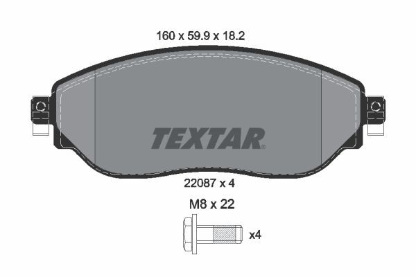 22087 TEXTAR not prepared for wear indicator, with brake caliper screws Height: 59,9mm, Width: 160,1mm, Thickness: 18,2mm Brake pads 2208701 buy