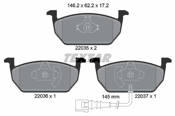 22035 TEXTAR with integrated wear warning contact Height: 62,3mm, Width: 146,2mm, Thickness: 17,2mm Brake pads 2203501 buy
