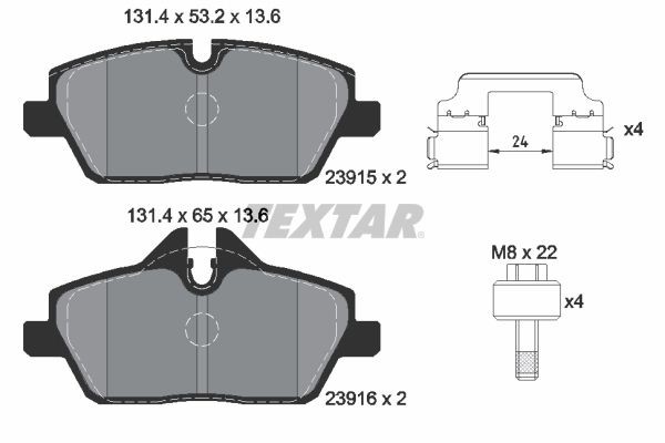 23915 TEXTAR prepared for wear indicator, with brake caliper screws, with accessories Height 1: 53,2mm, Height 2: 65mm, Width: 131,4mm, Thickness: 13,6mm Brake pads 2391508 buy