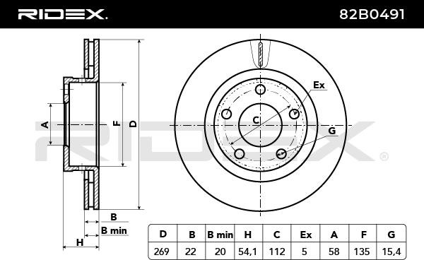 82B0491 Brake discs 82B0491 RIDEX Rear Axle, 269,0x22,0mm, 5x112,0, Vented, Uncoated