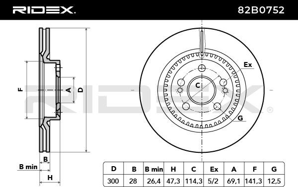 82B0752 Brake discs 82B0752 RIDEX Front Axle, 300x28mm, 5/7x114,3, internally vented