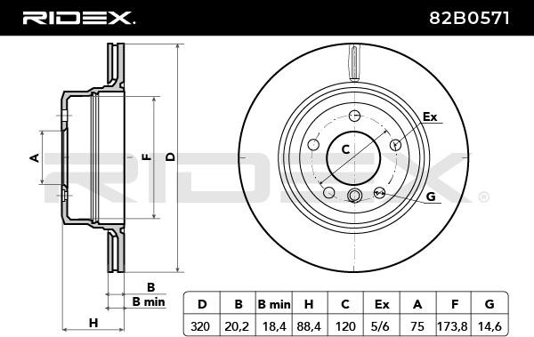 82B0571 Brake discs 82B0571 RIDEX Rear Axle, 320,0x20mm, 5/6x120, Vented, Uncoated